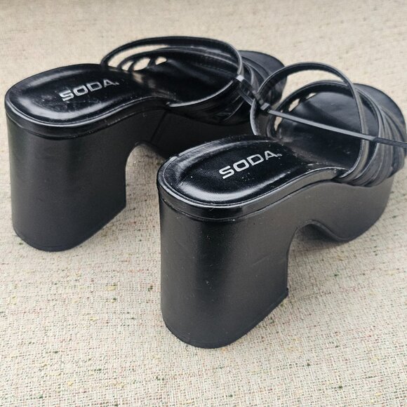 SODA Women Strappy Wedge Heel Sandal Black Vegan Faux Leather Shoes Size 6M - Picture 6 of 13